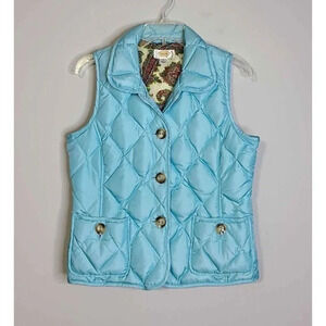 Talbots Womens Puffer Cozy Down Feather Filled Turquoise Vest Paisley Lining PS